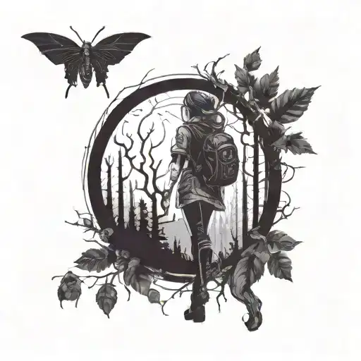 A dark and sexy tattoo design featuring a gothic woman hiking through a spooky forest filled with creepy bugs tattoo design idea