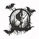 A dark and sexy tattoo design featuring a gothic woman hiking through a spooky forest filled with creepy bugs tattoo design idea