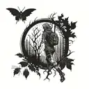 A dark and sexy tattoo design featuring a gothic woman hiking through a spooky forest filled with creepy bugs tattoo design idea