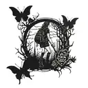 A dark and sexy tattoo design featuring a gothic woman hiking through a spooky forest filled with creepy bugs tattoo design idea