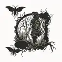 A dark and sexy tattoo design featuring a gothic woman hiking through a spooky forest filled with creepy bugs tattoo design idea