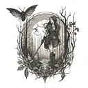 A dark and sexy tattoo design featuring a gothic woman hiking through a spooky forest filled with creepy bugs tattoo design idea