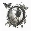 A dark and sexy tattoo design featuring a gothic woman hiking through a spooky forest filled with creepy bugs tattoo design idea