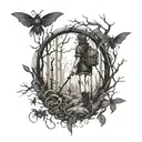 A dark and sexy tattoo design featuring a gothic woman hiking through a spooky forest filled with creepy bugs tattoo design idea