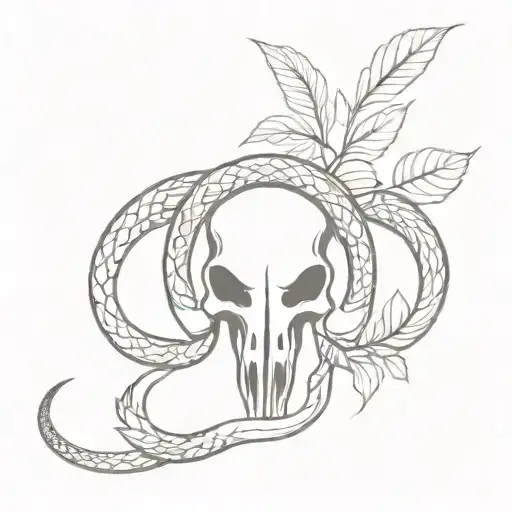 snake and leaves around bull skull tattoo design idea