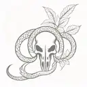 snake and leaves around bull skull tattoo design idea