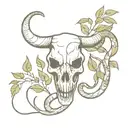 snake and leaves around bull skull tattoo design idea