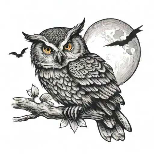 A black-grey tattoo of a wise owl perched on a tree branch, with the moon shining in the background tattoo design idea