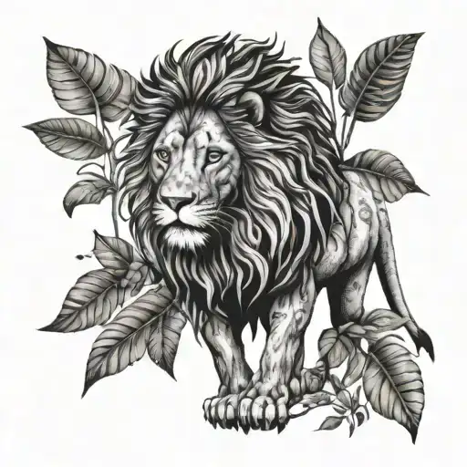 A detailed blackwork tattoo of a majestic lion surrounded by lush jungle foliage tattoo design idea