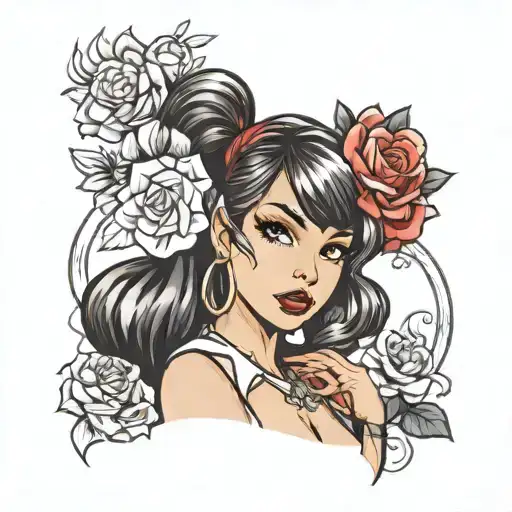 black trad pin up anime girl tattoo design idea