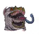a monster's mouth, mimic, american traditional tattoo design idea