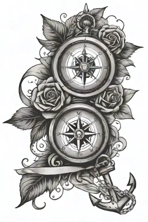 compass with anchor, rose, and breast cancer ribbon tattoo design idea