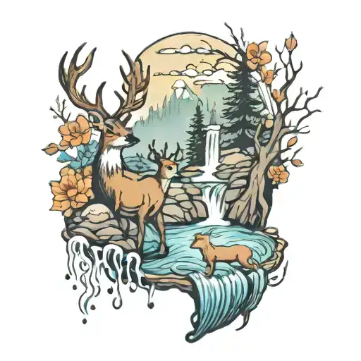 mystic creek with waterfall and deer and fish  tattoo design idea