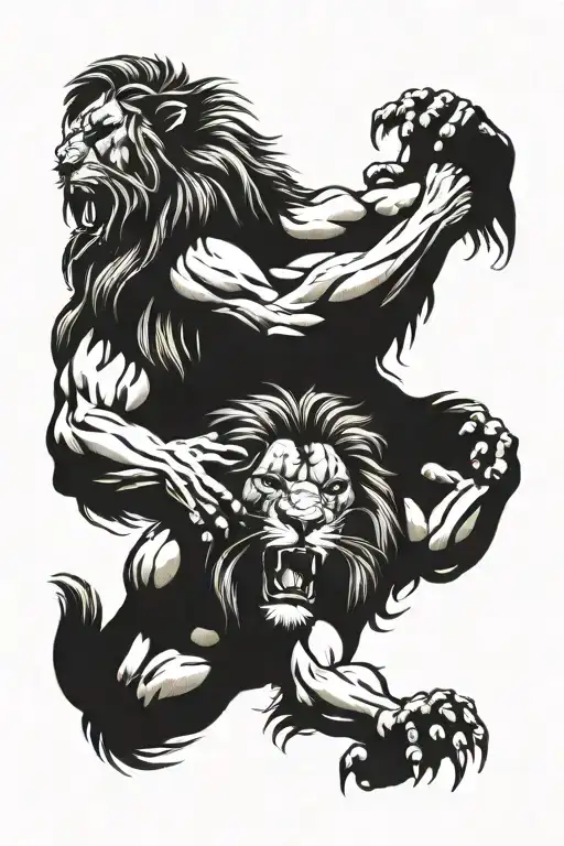 muscular arm grabbing lion by throat tattoo design idea