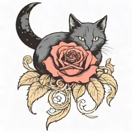 a rose with a cat and moon, goth design inspired tattoo design idea