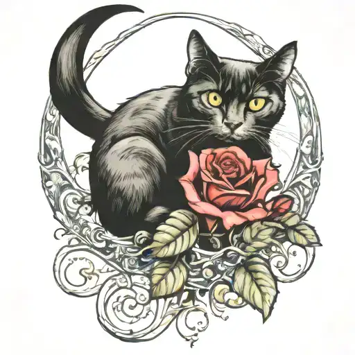 a rose with a cat and moon, goth design inspired tattoo design idea