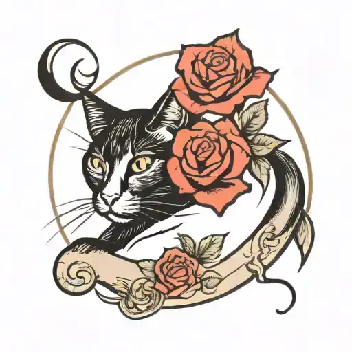 a rose with a cat and moon, goth design inspired tattoo design idea