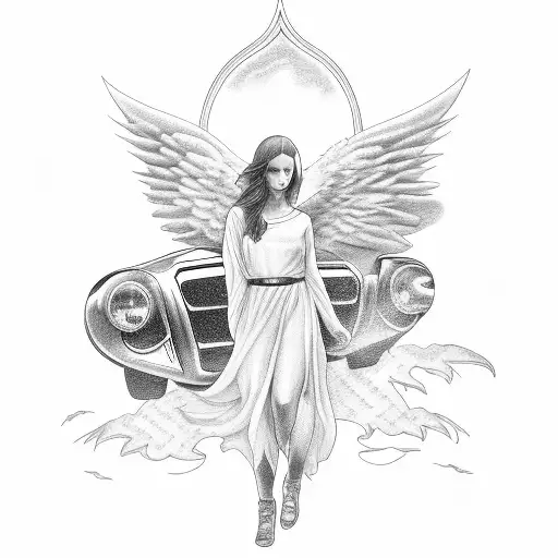 race car with an Angel  tattoo design idea