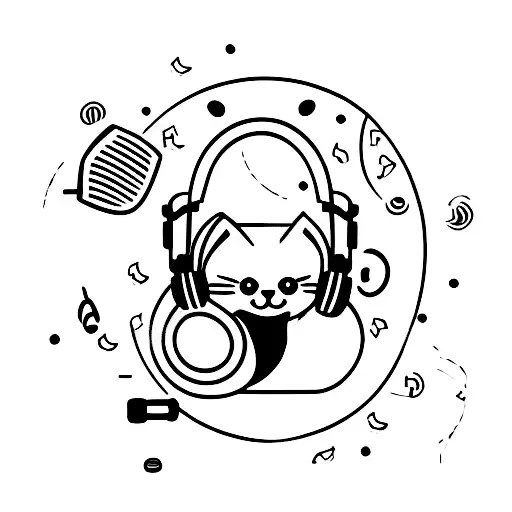 A minimalist tattoo of a cat wearing headphones and listening to music while sitting on a suitcase covered in travel stickers tattoo design idea