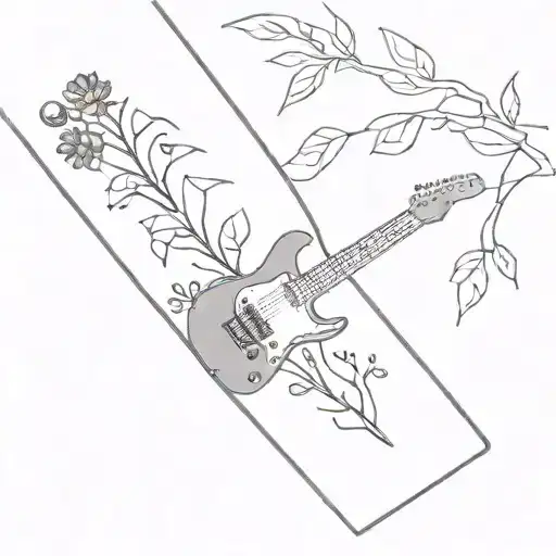 a forearm sleeve with vines, plants, an electric guitar, a roll of film, 222, and an outline of two dogs tattoo design idea