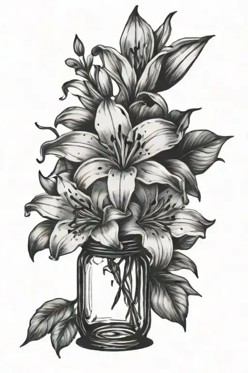 mason jar, lily, cherry, music, drama masks tattoo design idea