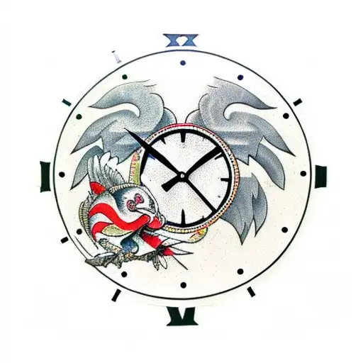 Clock with an eagle and cross. A scripture, 2 signatures. black red and grey on forearm tattoo design idea
