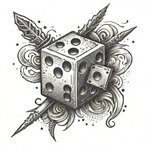 A dotwork design of a dice with swords as the numbers, representing luck and strength in gambling tattoo design idea