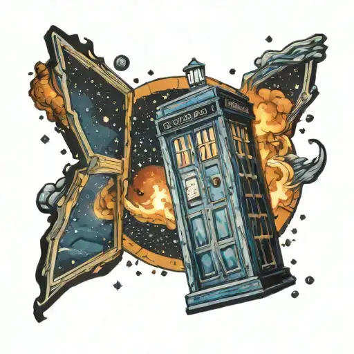 tardis with galaxy showing through its open door tattoo design idea