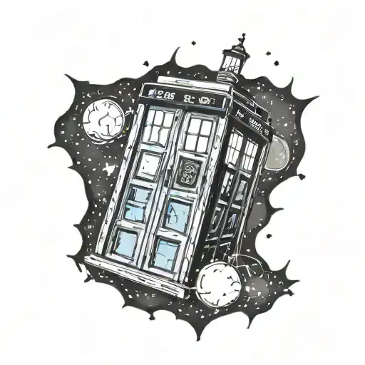 tardis with galaxy showing through its open door tattoo design idea