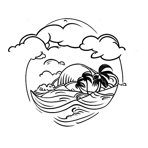 palm tree with airplane and waves tattoo design idea