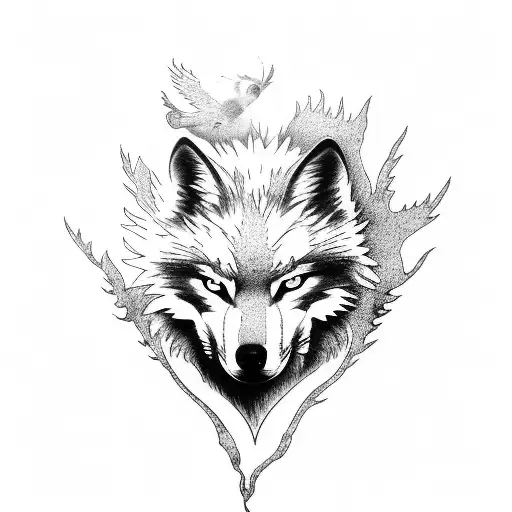 Phoenix and wolf with an oak tree tattoo design idea
