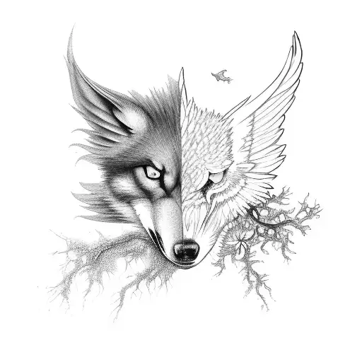 Phoenix and wolf with an oak tree tattoo design idea