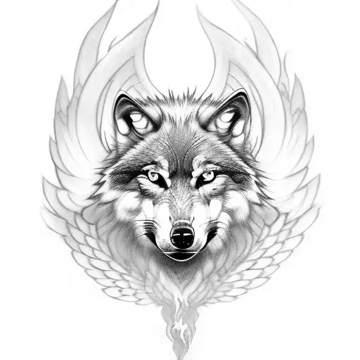 wolf face with phoenix wings wiht fire tattoo design idea