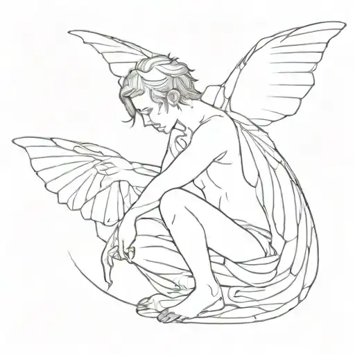 sketch-style minimalistic, line art, fallen angel men, butterflys, Architecture, dot-work tattoo design idea