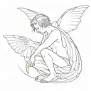 sketch-style minimalistic, line art, fallen angel men, butterflys, Architecture, dot-work tattoo design idea
