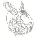 sketch-style minimalistic, line art, fallen angel men, butterflys, Architecture, dot-work tattoo design idea
