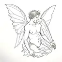 sketch-style minimalistic, line art, fallen angel men, butterflys, Architecture, dot-work tattoo design idea