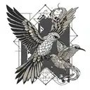 sketch-style minimalistic, line art, hummingbird, fallen angel men, butterflys, Architecture, dot-work tattoo design idea