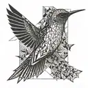 sketch-style minimalistic, line art, hummingbird, fallen angel men, butterflys, Architecture, dot-work tattoo design idea