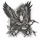 sketch-style minimalistic, line art, hummingbird, fallen angel men, butterflys, Architecture, dot-work tattoo design idea