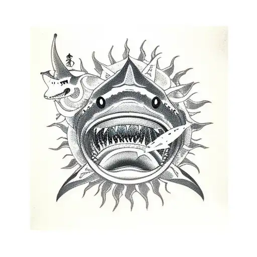 sun, shark teeth, spears and turtles tattoo design idea