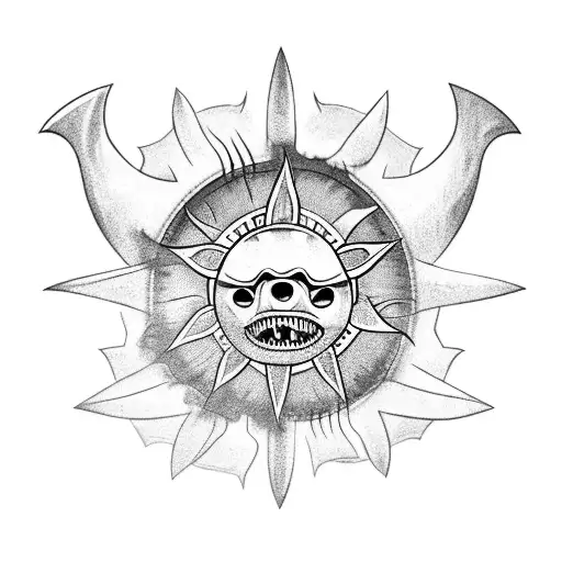 half chest and arm with sun, shark teeth, spears and turtles tattoo design idea