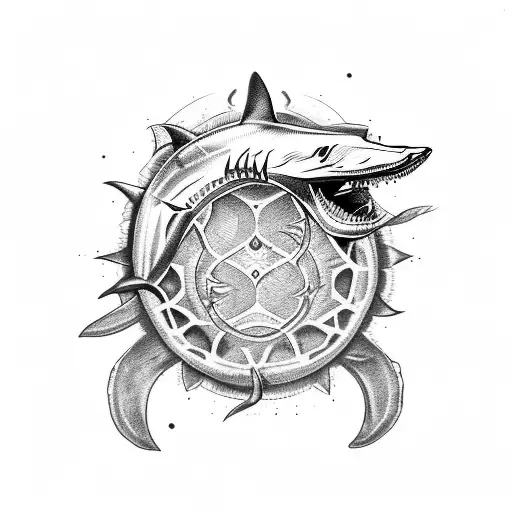 half chest and arm with sun, shark teeth, spears and turtles tattoo design idea