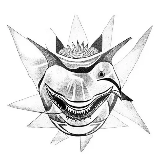 mauri tattoo half chest and arm with sun, shark teeth, spears and turtles tattoo design idea