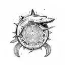 half chest and arm with sun, shark teeth, spears and turtles tattoo design idea