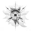 half chest and arm with sun, shark teeth, spears and turtles tattoo design idea