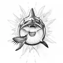 half chest and arm with sun, shark teeth, spears and turtles tattoo design idea