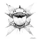 half chest and arm with sun, shark teeth, spears and turtles tattoo design idea