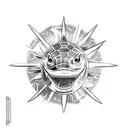 mauri tattoo half chest and arm with sun, shark teeth, spears and turtles tattoo design idea