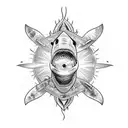 mauri tattoo half chest and arm with sun, shark teeth, spears and turtles tattoo design idea
